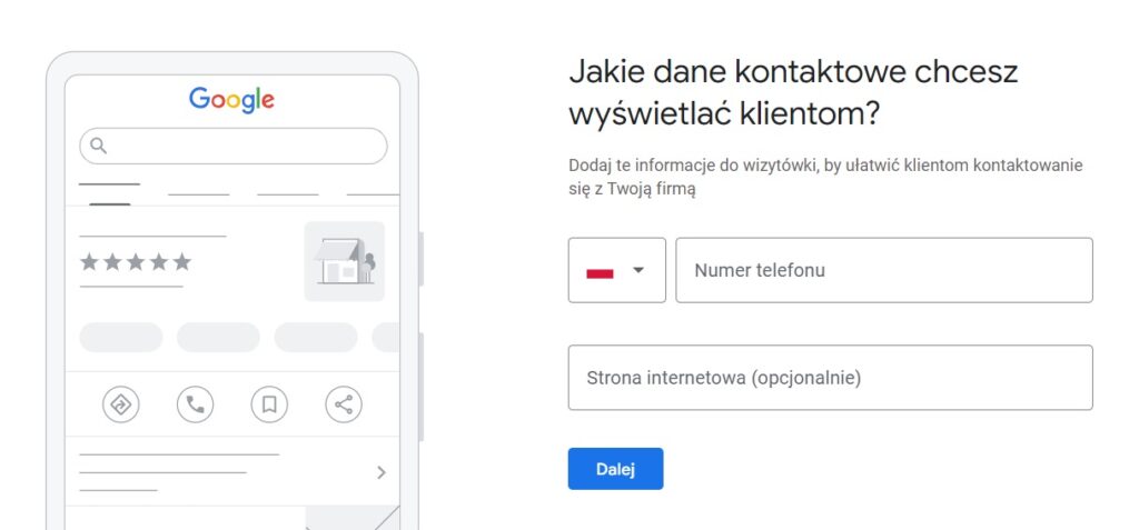 dane kontakow przy założeniu wizytówki Google